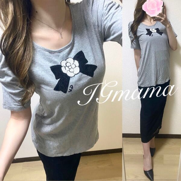美品 ギャラリービスコンティ Tシャツ カットソー 半袖 リボン スパンコール