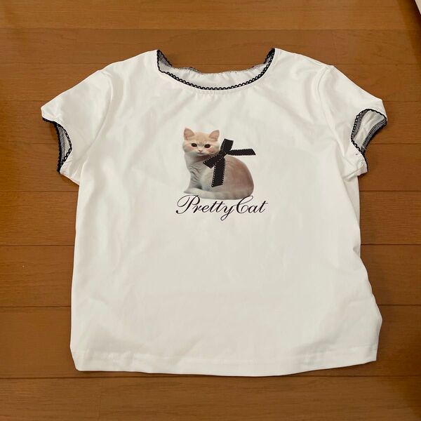 Tシャツ 半袖Tシャツ トップス ホワイト 半袖 カットソー 猫 プリント