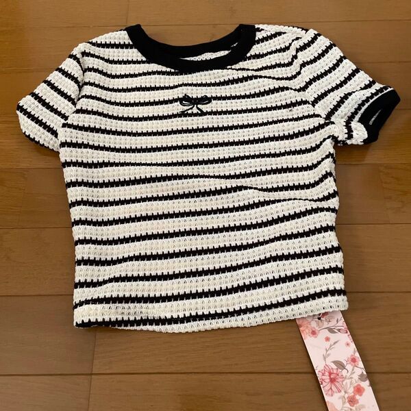 Tシャツ ボーダー 半袖Tシャツ ビンテージ ニット生地 リボン ガーリー 半袖 Tシャツ ボーダーTシャツ