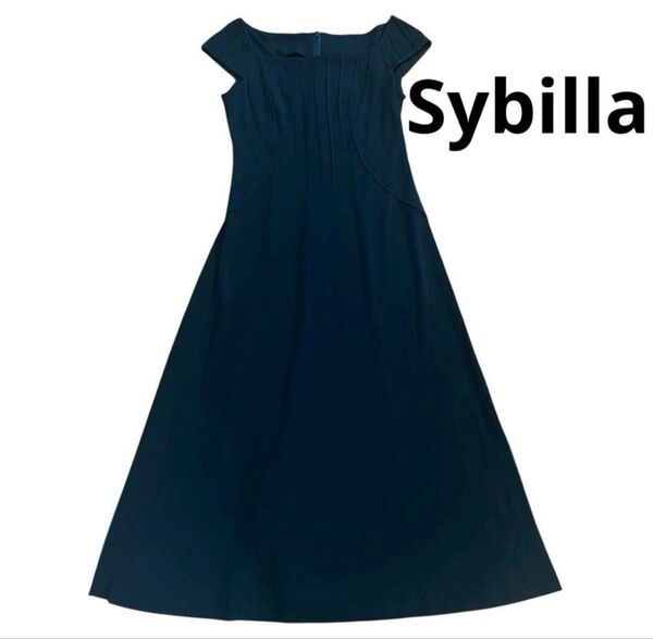 クリーニング済み 美品 Sybilla シビラ フレア ロング ドレス ワンピース プリーツ Aライン 半袖 M ブラック系