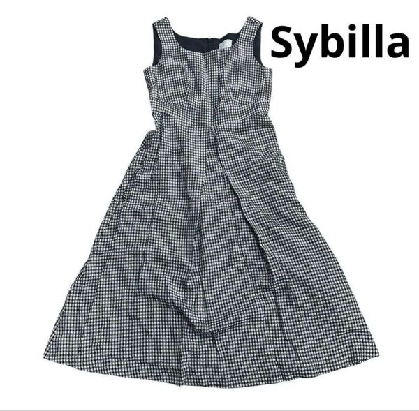 クリーニング済 Sybilla シビラ ギンガムチェック ノースリーブ フレア ワンピース Aライン M ブラック×ホワイト