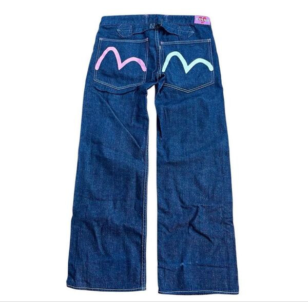 エヴィス ドンナ EVISU DONNA カモメ ピンク ホワイト ペイント デニムパンツ シンチバック 30 レディース