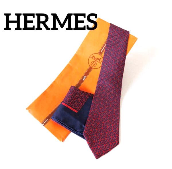 美品 HERMES エルメス ネクタイ ポケットチーフ ミニスカーフ プチカレ 総柄 ネイビー レッド シルク100%