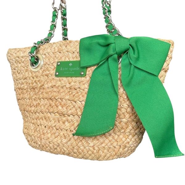 kate spade ケイトスペード チェーン かごバッグ トートバッグ カゴバッグ リボン付き ストロー グリーン ナチュラル