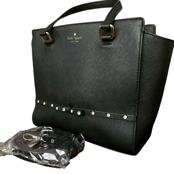 美品 kate spade ケイトスペードニューヨーク 2way ハンドバッグ ショルダーバッグ サフィアーノレザー リボン 黒