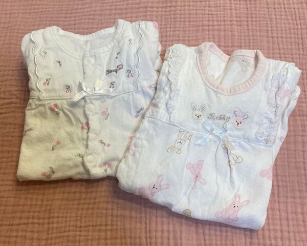 50〜60cm 2wayオール ドレスオール カバーオール うさぎ さくらんぼ ベビー服 2枚セット 女の子 クーポン消化 カテ変