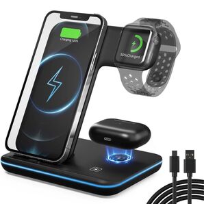 3 in 1 ワイヤレス充電器 Qi認証 15W出力 急速充電ワイヤレスチャージャー 充電スタンド