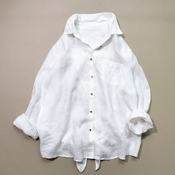 Loungedress ラウンジドレス NEW リネンバックTIEシャツ 白 長袖 シャツ リネン100 ブラウス ホワイト 麻