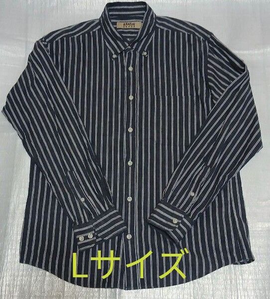 値下げ!KANSAI JEANS メンズ ストライプボタンダウンシャツ ネイビー