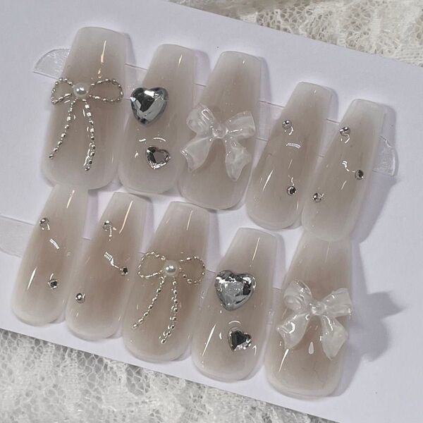 【ネイルチップオーダー】カラーサイズ形変更無料チークバレリーナリボン韓国ワンホン灰色茶ベージュグラデーションラメ入りグレージュ夏