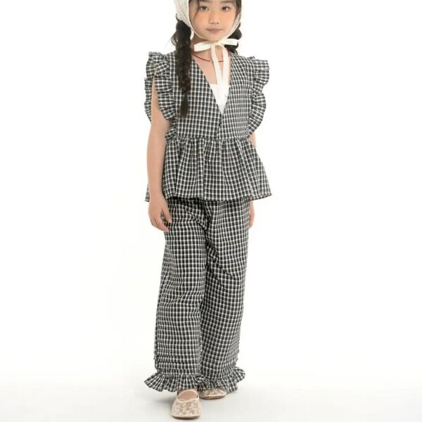 mollybin / チェック セットアップ 2点 キッズ トップス パンツ 夏服 ブラック