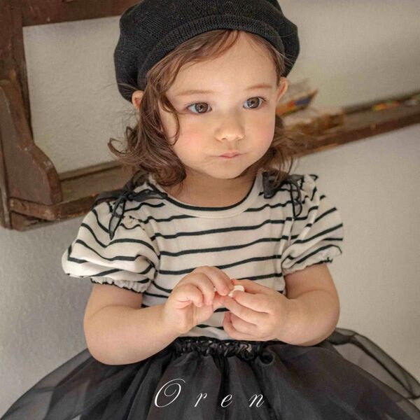 未使用 ロンパース OREN 女の子 ベビー服 半袖 夏服 ボーダー チュール