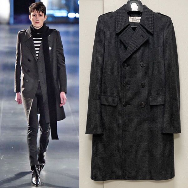 15AW サンローランパリ グレンチェック ダブルブレスト ロングコート 46 エディスリマン チェスターコート
