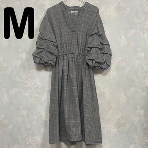 美品 r.p.s チェック柄 ボリュームスリーブ フレアワンピース 秋 M
