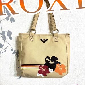 美品 roxy ロキシー トートバッグ エコバッグ 花柄 ベージュ ミニトート 肩掛け ハイビスカス フラワー柄