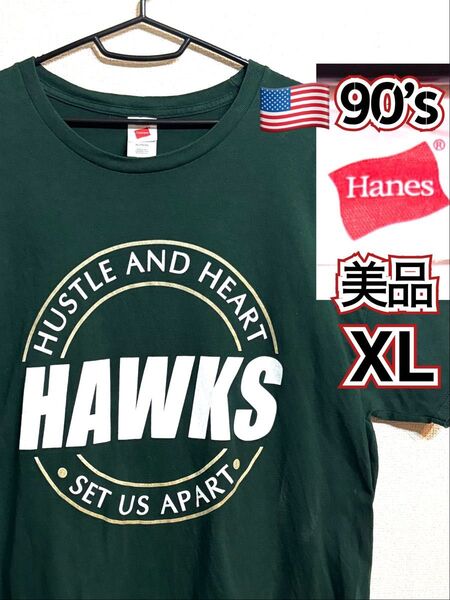 希少 美品 ヘインズ Hanes Tシャツ HAWKS USA古着 90s XL 半袖 アメリカ アメカジ LL
