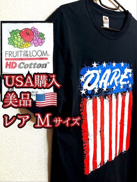 美品 フルーツオブザルーム USA古着 アメリカ 星条旗 Tシャツ D.A.R.E.Tシャツ ブラック 90s ヴィンテージT