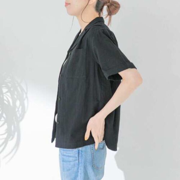 Sonny Label リネン ライク コットンオープンカラー シャツ 黒 ブラック 半袖ブラウス 前開き