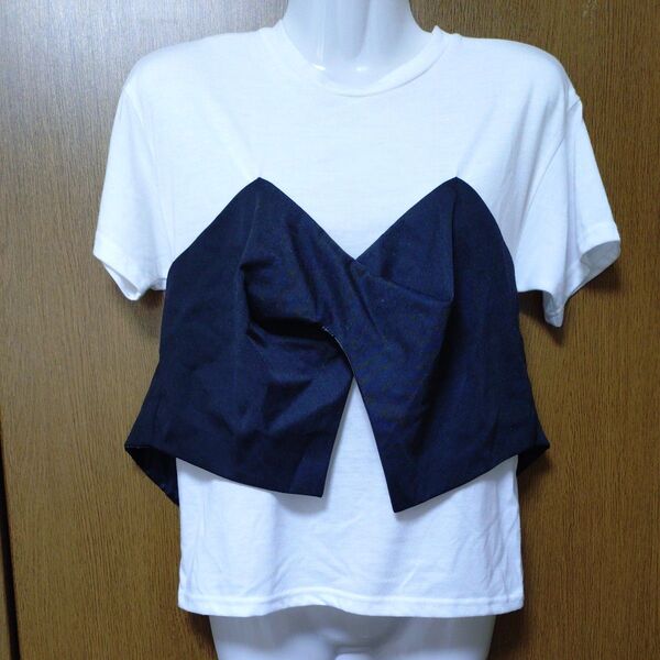 ビスチェドッキングTシャツ バックリボン ホワイト×ブラック