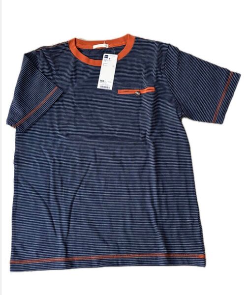 新品タグ付き ボーダー柄 Tシャツ 150cm ネイビー/オレンジ