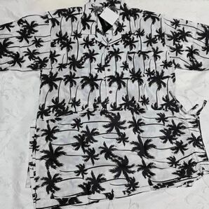 SUNBLAZE メンズ アロハシャツ ルームウェア 上下セット Mサイズ 黒白 ヤシの木柄 総柄 綿100% 新品