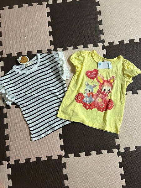 120 新品タグ付き 半袖 Tシャツ トップス 女の子 フリル 子供服 ボーダー うさぎ