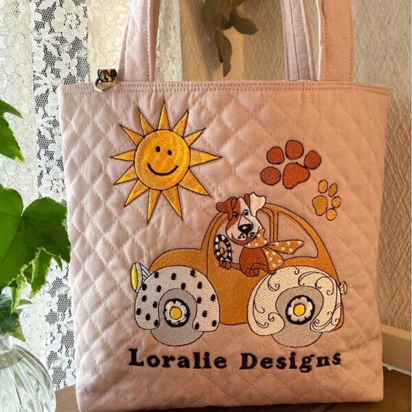 ロラライハリス刺繍★キルティング★わんこドライブトート ハンドメイド