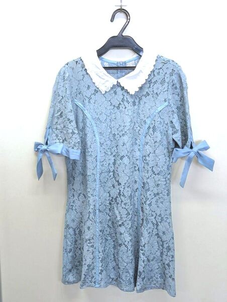【美品】水色 レース 袖 リボン ワンピース ブルー 半袖 上品 大人 かわいい