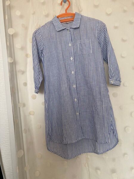 女児130 ストライプシャツワンピース ブルー 七分袖 麻混 さらさら 美品