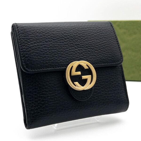 【極美品】GUCCI Wホック財布 インターロッキングG レザー 二つ折り財布