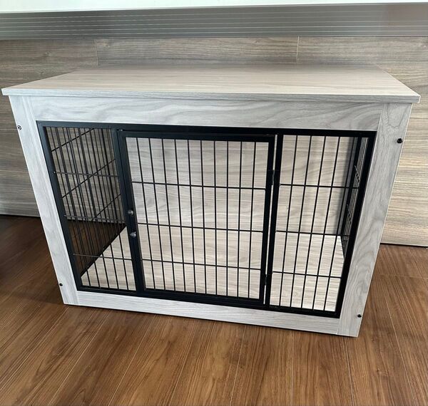 お洒落 ペットケージ グレー 木目調 ブラックアイアン ペットハウス 小型犬 中型犬 大型犬 2ドア 木製家具調 ケージ