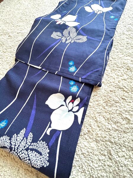 レディース浴衣 花柄 紺色 綿 単品