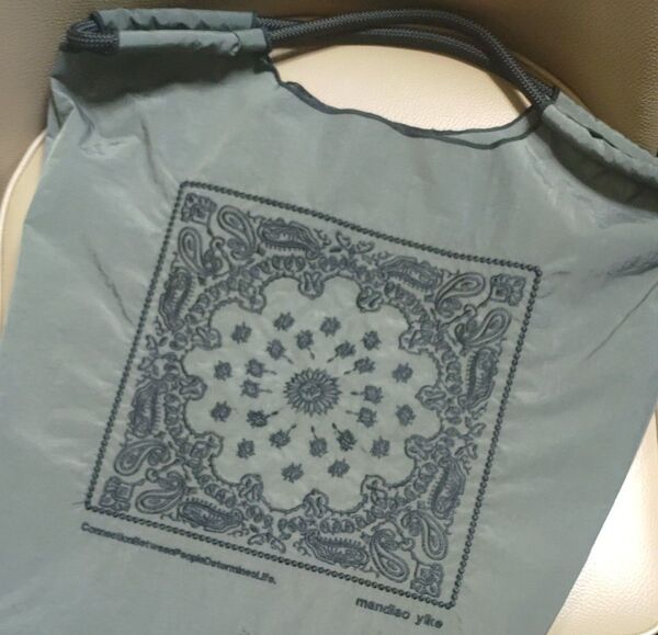 バンダナ柄 カーキ 刺繍バッグ トートバッグ エコバッグ ロープバッグ Мサイズ