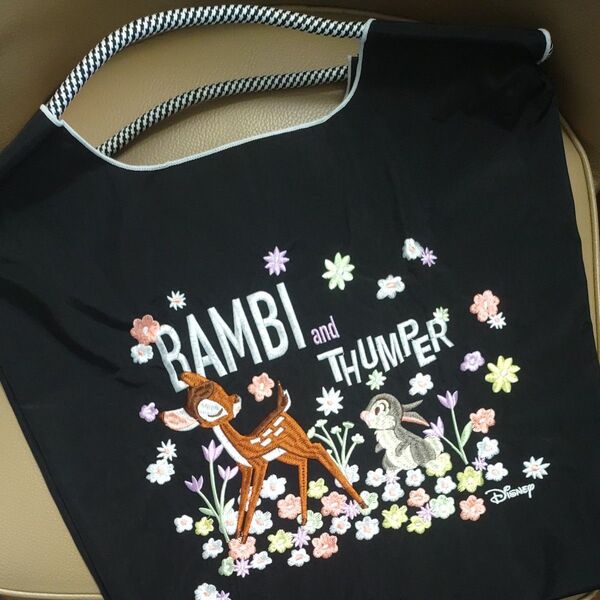 新品未使用 Мサイズ バンビとうさぎ 刺繍バッグ トートバッグ エコバッグ ロープバッグ ブラック BAMBI