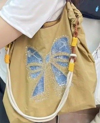 ショルダーストラップ付 リボン柄 エコバッグ トートバッグ キラキラビーズ刺繍 スパンコール