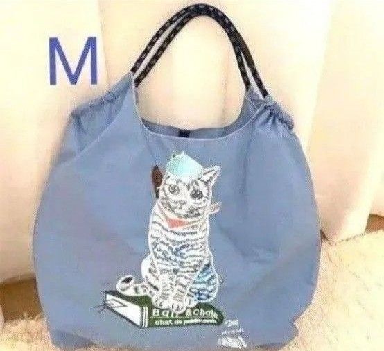 おしゃれな猫柄 青 水色 刺繍バッグ エコバッグ ナイロンバッグ トートバッグ ネコ Мサイズ