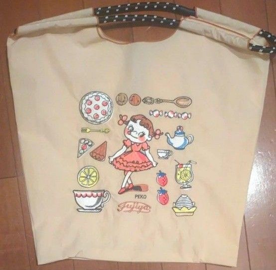 女の子柄 刺繍バッグ エコバッグ ナイロンバッグ トートバッグ Мサイズ ペコちゃん
