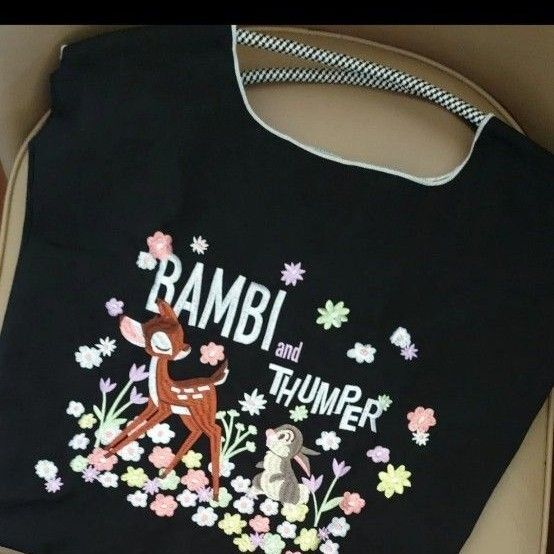 新品未使用 М バンビとうさぎ 刺繍バッグ トートバッグ エコバッグ ロープバッグ ブラック BAMBI