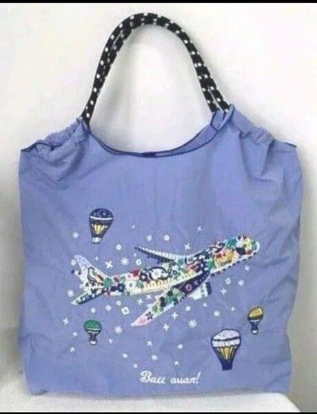 飛行機柄 花柄 気球柄 刺繍バッグ エコバッグ М トートバッグ 飛行機刺繍 パープル系 ラベンダーカラー