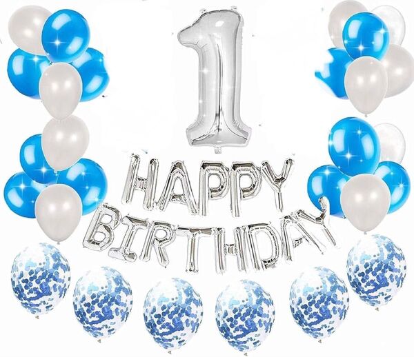 シルバーブルー 1歳 誕生日パーティーバルーン 風船のバナー 数字1 バルーンセット HAPPY BIRTHDAY