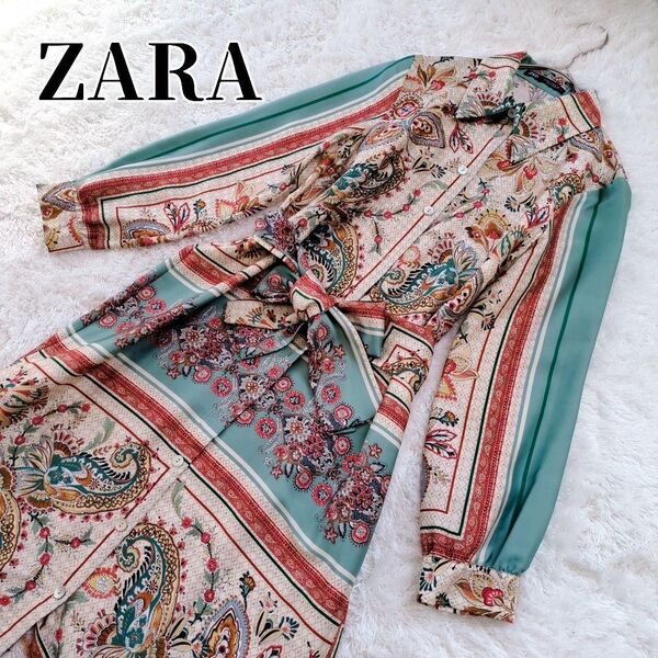 ザラ ZARA シャツ ワンピース ペイズリー 総柄 ミントグリーン ロング S スカーフ柄 リボン ベルト 華やか