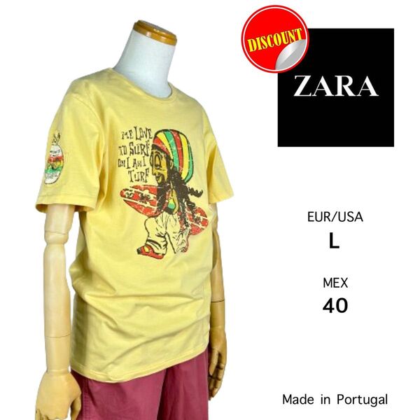 【ZARA】メンズ ライトイエロー ラスタマン ジャマイカ サーフィン サーフボード USAコットン100% Tシャツ L-40