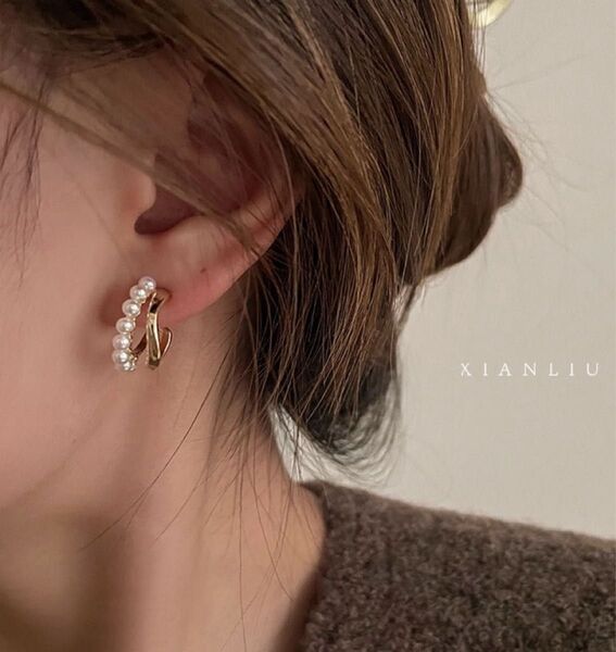 フープピアス パール ゴールド 重ね付け風 韓国 シルバー925 スタッド 韓国 パールピアス 可愛い クリップ アクセサリー