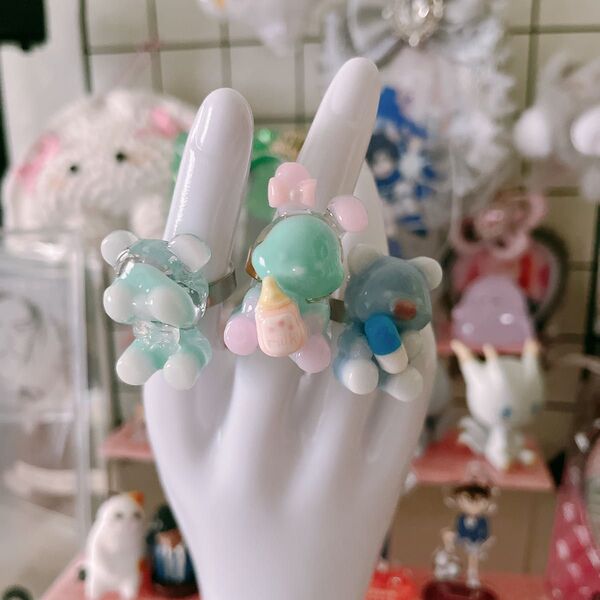 *.゚ちゅるちゅるレジンリング*.゚ブルー グリーン ピンク クリア レジン ハンドメイドリング くま うさぎ