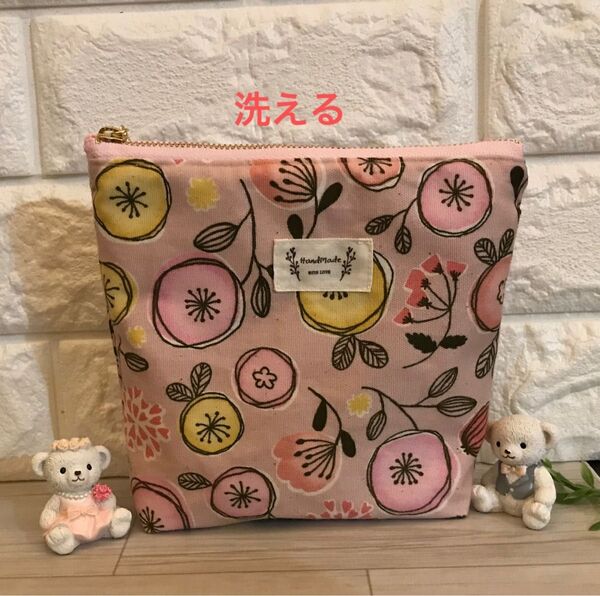 洗えるポーチ ハンドメイド 保冷保温ポーチ 北欧風 まんまるフラワーピンク