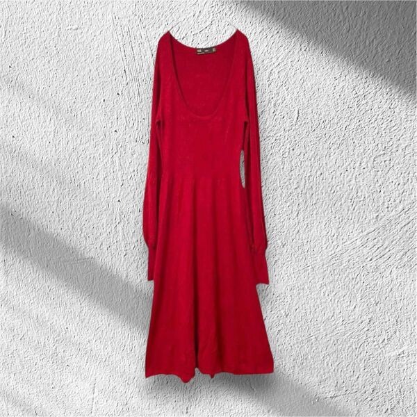 ZARA ザラ【M】フリアリブワンピース ロング丈 Uネック ぽわん袖 レッド 赤