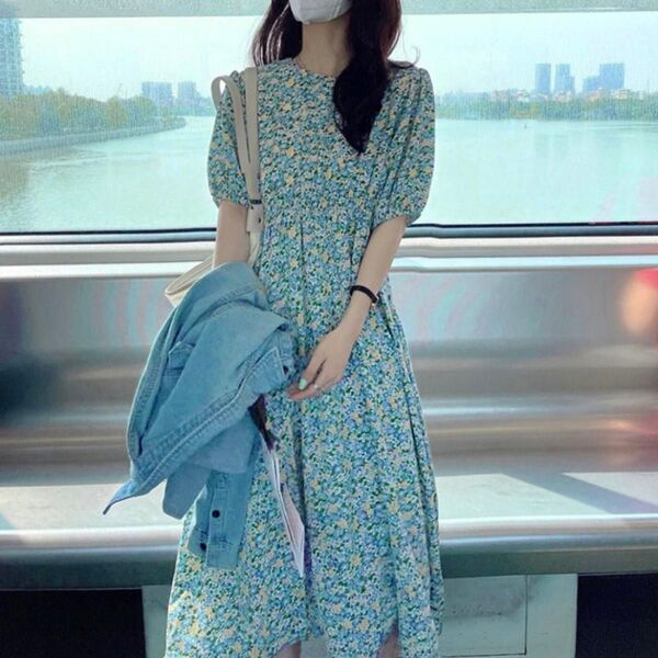 レディース 花柄 ロングワンピース 半袖 春夏 ブルーグリーン