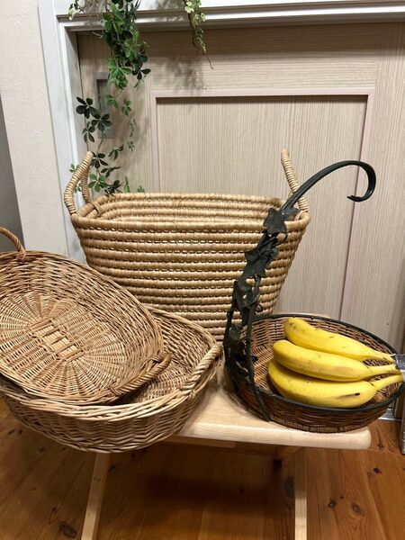 【まとめて4コ】ラタンオシャレバスケット 編みかご バスケット収納かご