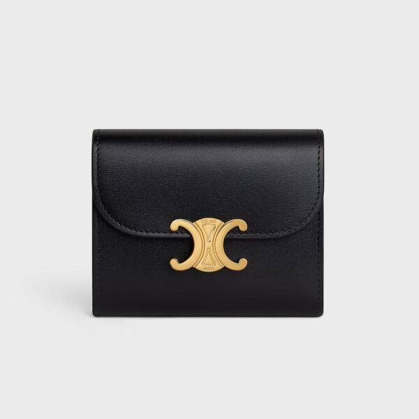 【美品】CELINE スモール フラップウォレット トリオンフ / シャイニーカーフスキン ブラック