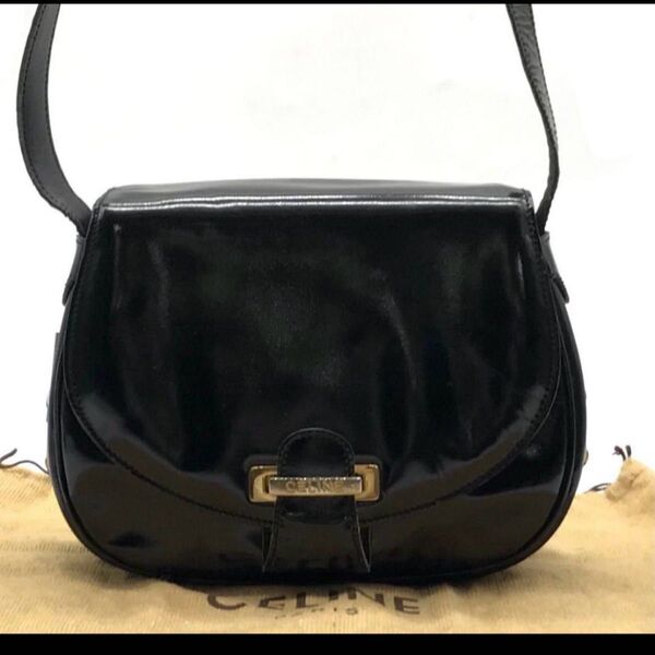美品CELINE セリーヌ パテント エナメル ロゴ金具 ショルダー /237